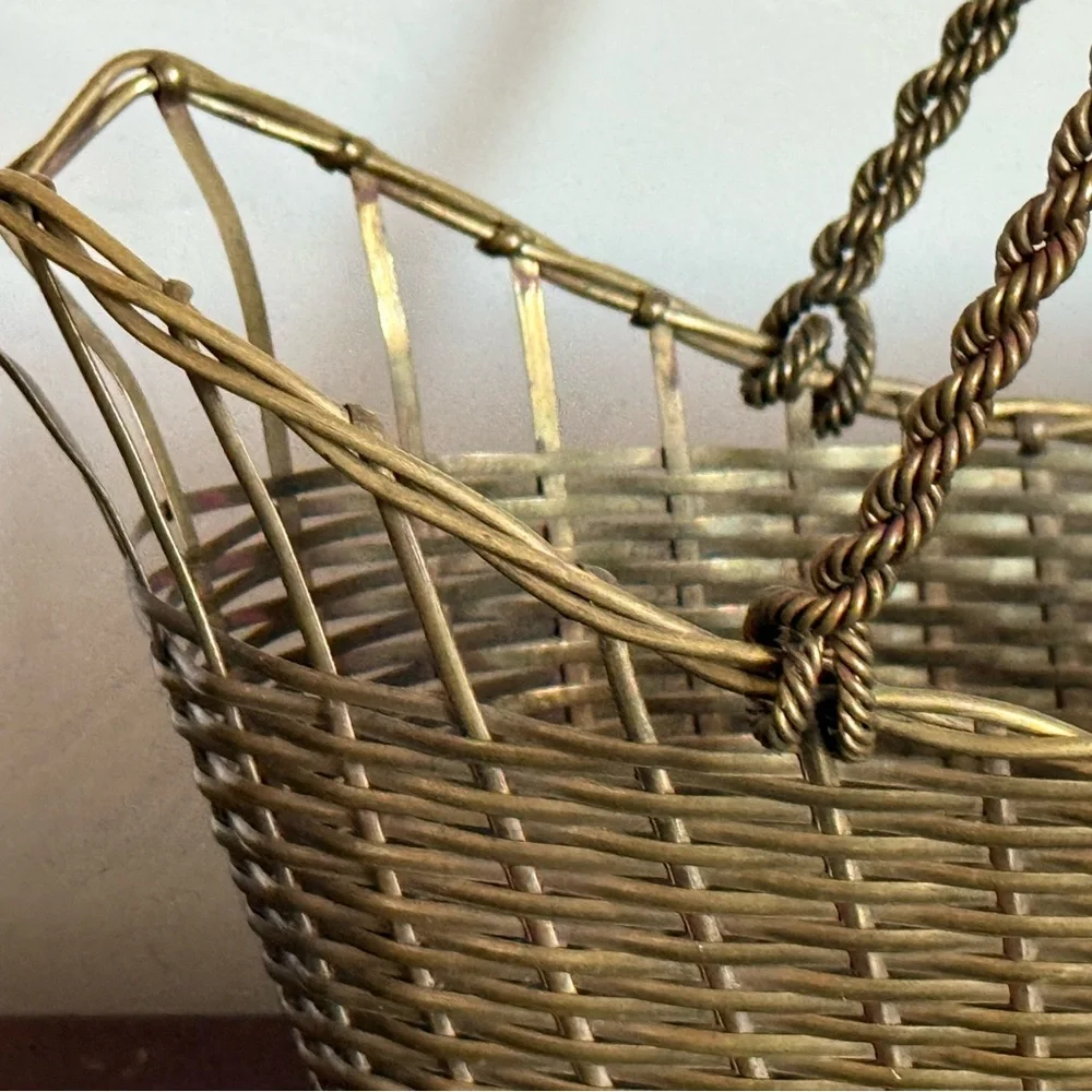 Antique French Brass Gold‎ Woven Basket wine holder caddy